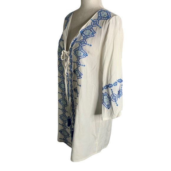 Solitaire Boho Cover Up Embroidered Tunic M White V Neck Lace Up Tassels - Picture 3 of 7